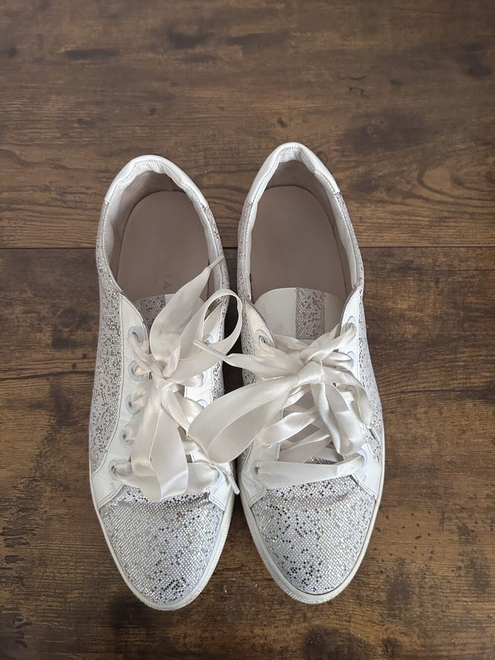 Hassia Premium Comfort White Glitter Sneakers Ribbon Laces Maranello-G Sz 7.5 UK